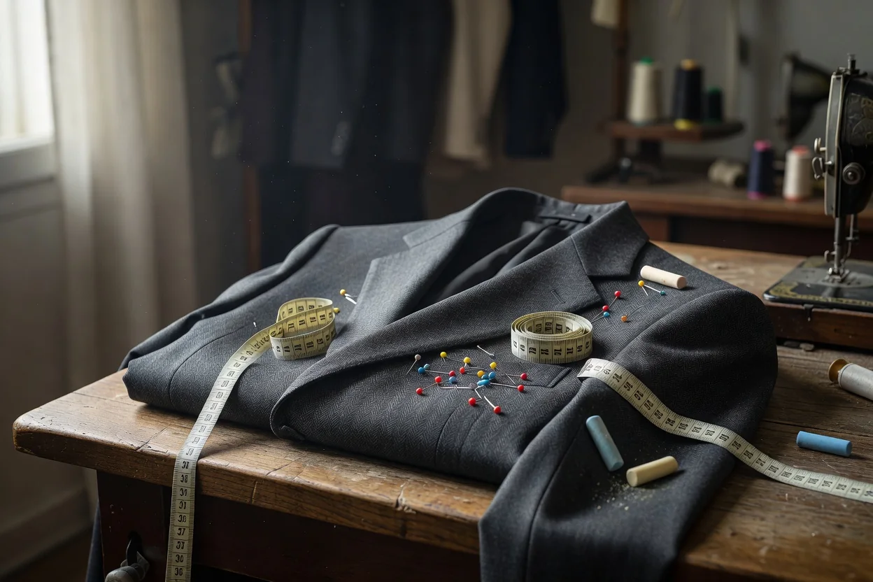 Flat lay com diferentes peças de roupa em cabides, mostrando comprimentos variados de barras, sobreposição de tecidos e detalhes de caimento em tons neutros