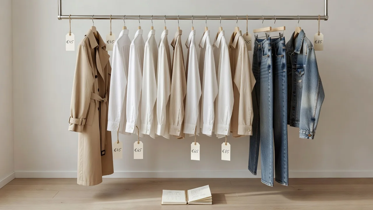 Flat lay minimalista com blazer bege, camiseta branca, calça jeans e sapatilhas em fundo neutro, arrumados de forma organizada