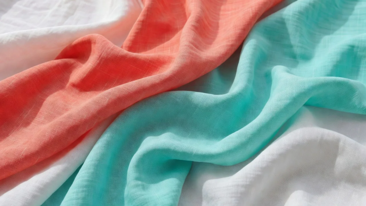 Flat lay com peças leves de verão: vestido de linho bege, camisa de algodão verde menta, shorts de viscose estampado e sandálias de tiras finas dispostas sobre fundo de madeira clara