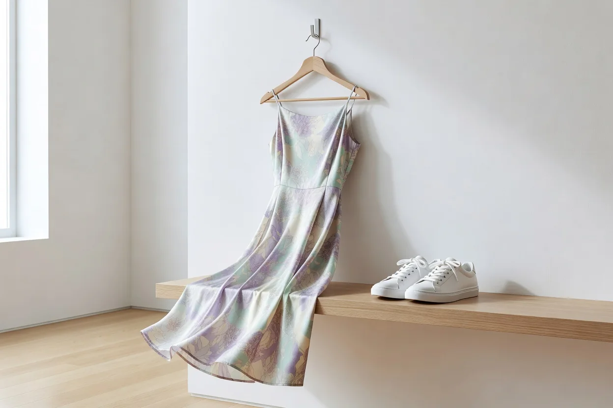 Flat lay com vestido midi de algodão bege, tênis branco de couro e meias invisíveis sobre fundo neutro